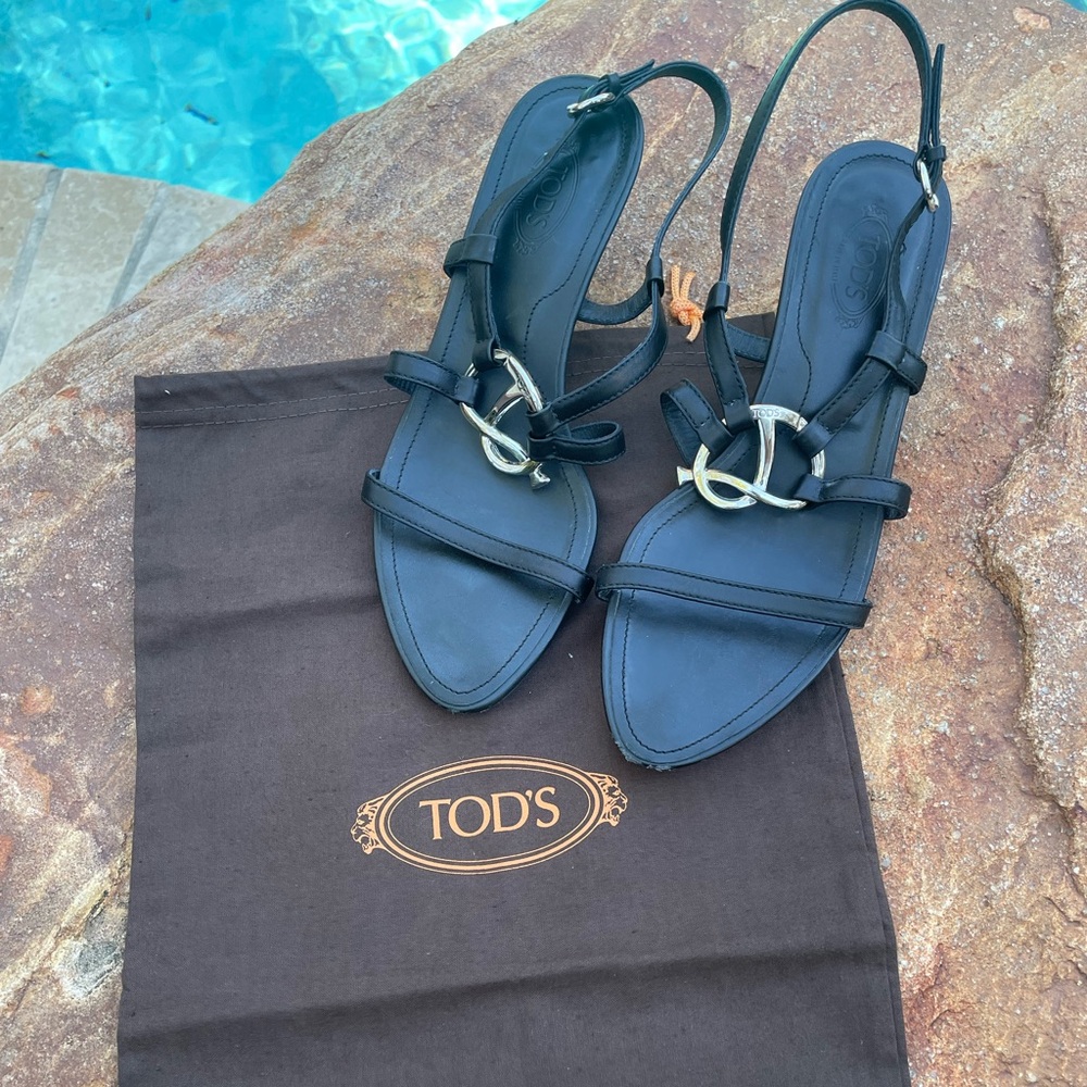 Tod's Black Leather Slingback Sandals with Gold-Tone Bit